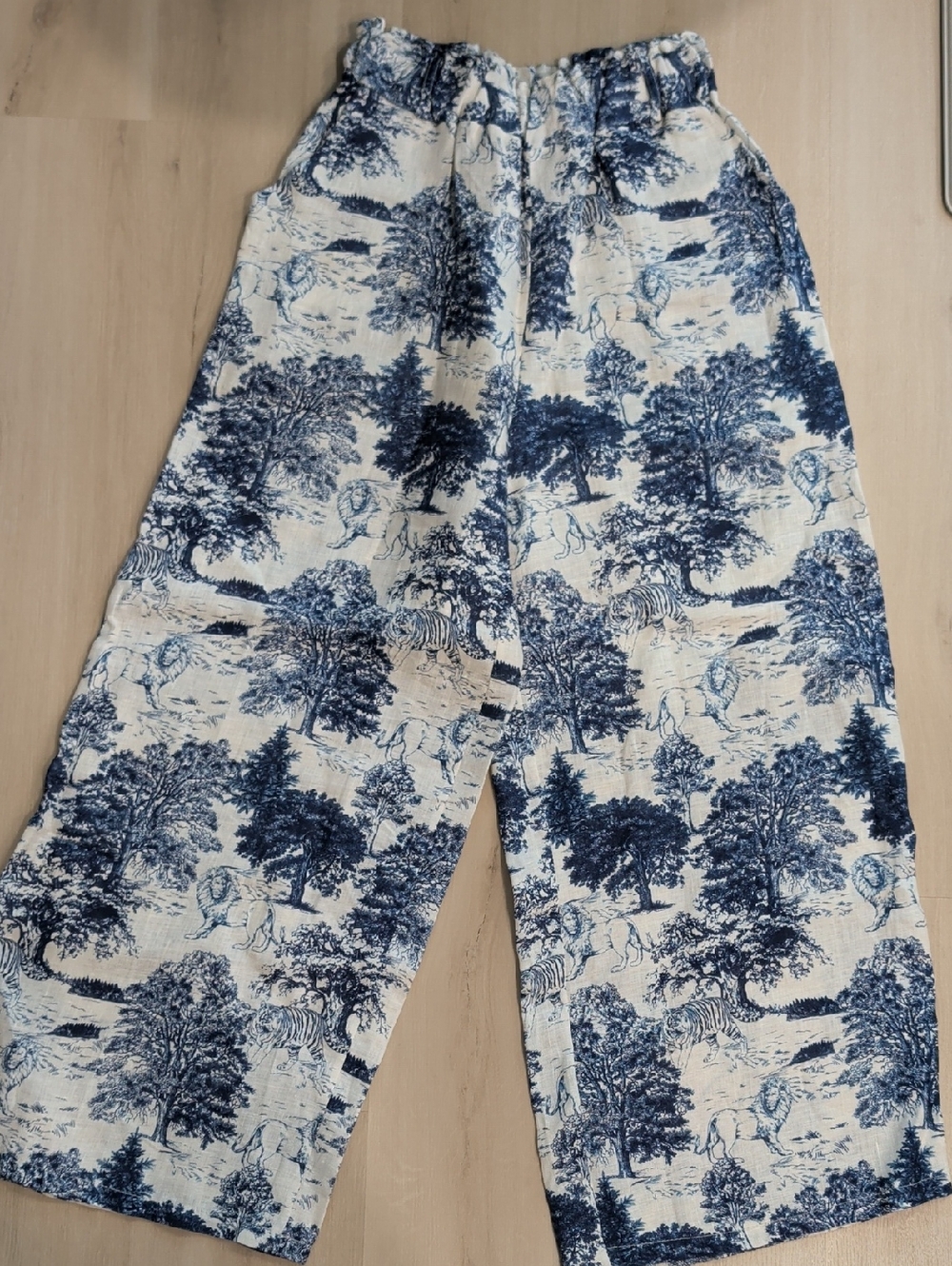 NWT Pookie & Sebastian Linen Blue Toile Safari Print Wide Leg S
